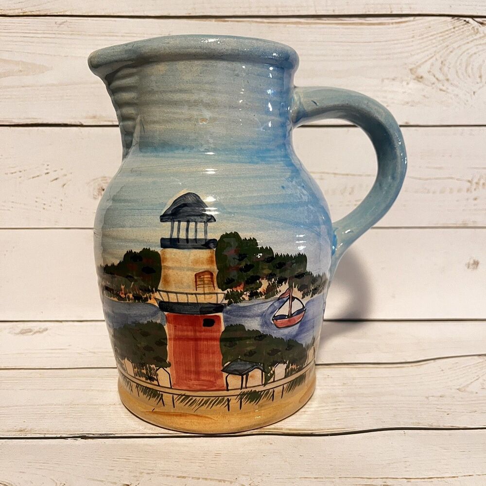WCL Pottery Jug/Pitcher Painted Nautical Scene Lighthouse Sailboat Coastal 7.75”
